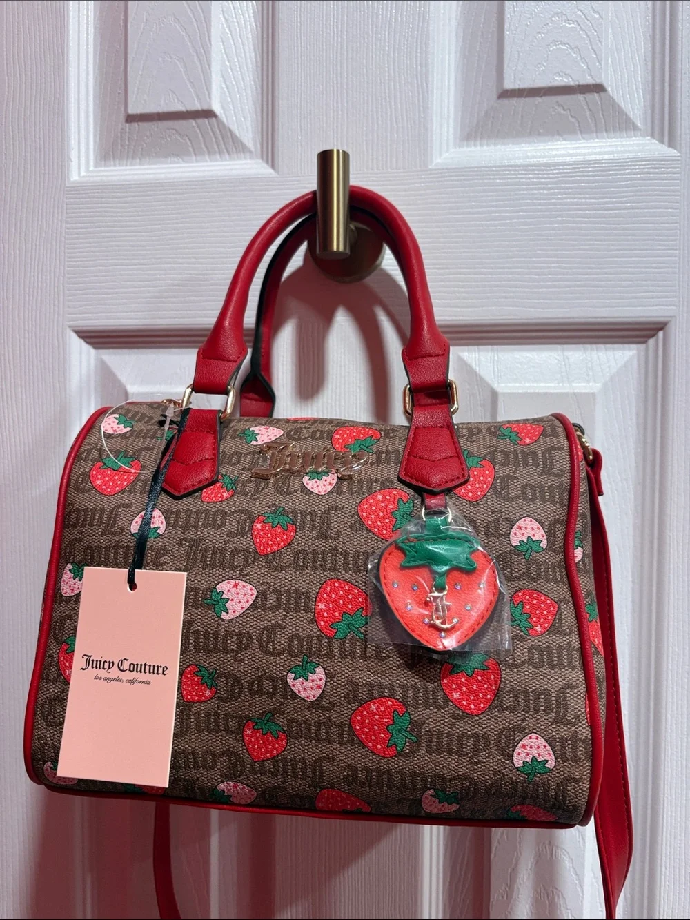 BNWT JUICY COUTURE Brown Logo Satchel with Red Strawberry Print